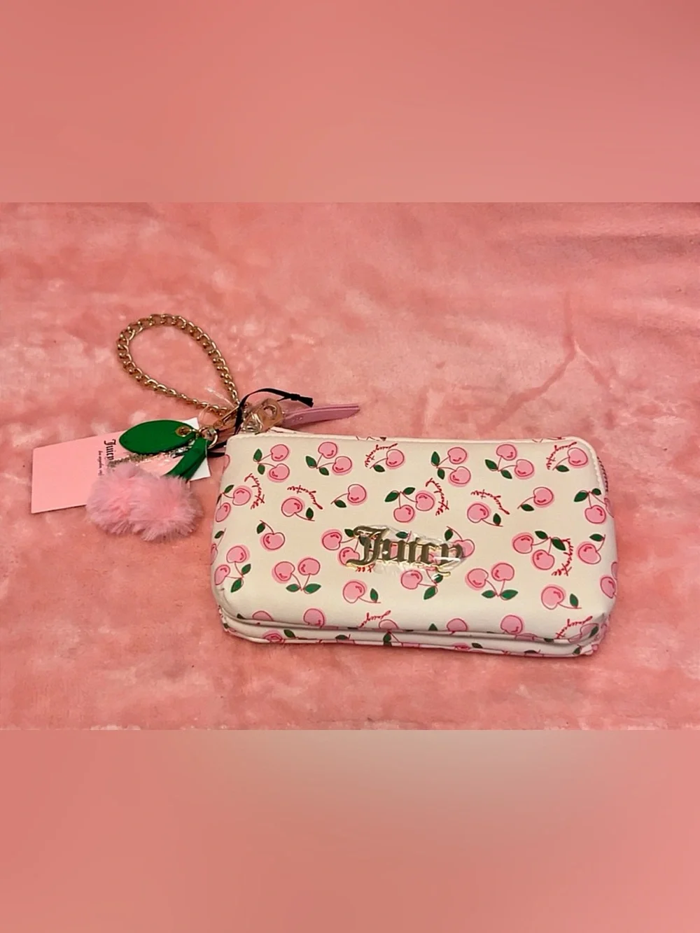 Juicy Couture Light Pink Cherry Wallet with Gold Logo and Pink Cherry Keychain